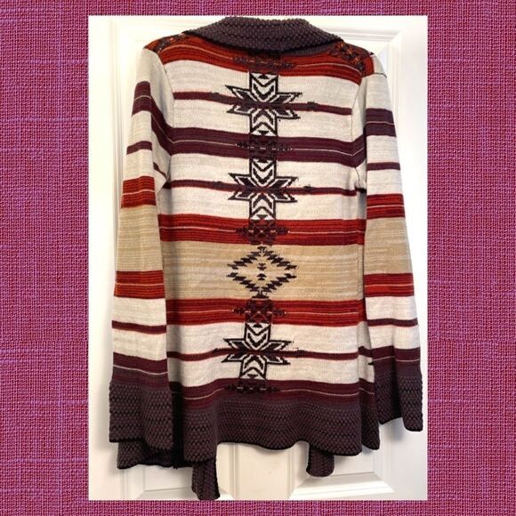 BCBG Max Azria Boho Southwest Cardigan Sweater Size L Purple Rust Cream - Picture 4 of 6